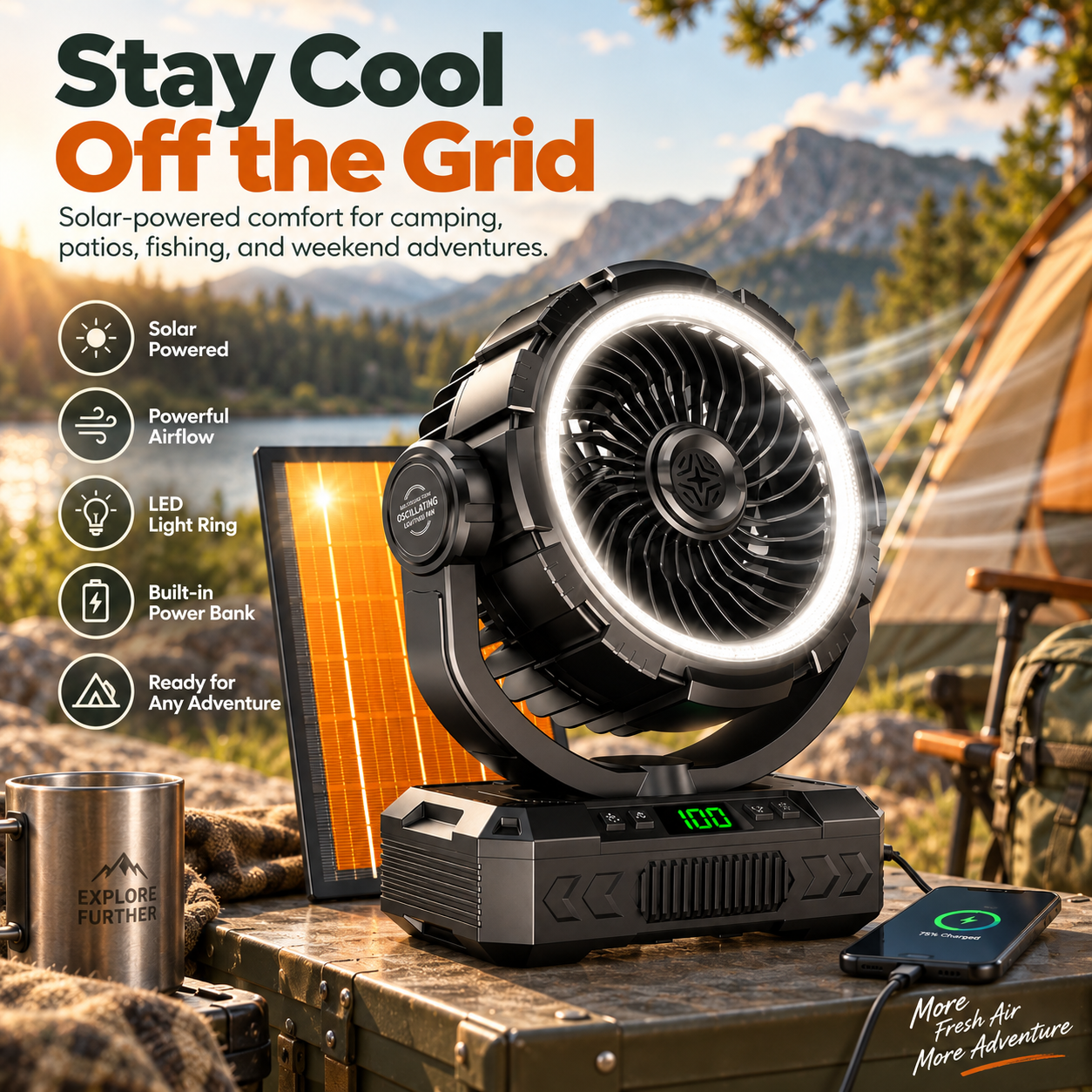 20,000mAh Solar Fan with LED Light, Oscillation, & Power Bank