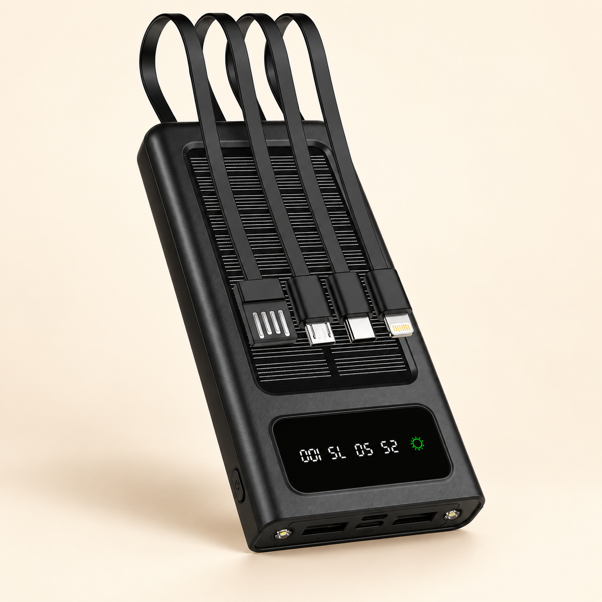 20,000mAh Solar Power Bank with Built-In Cables & LED Flashlight