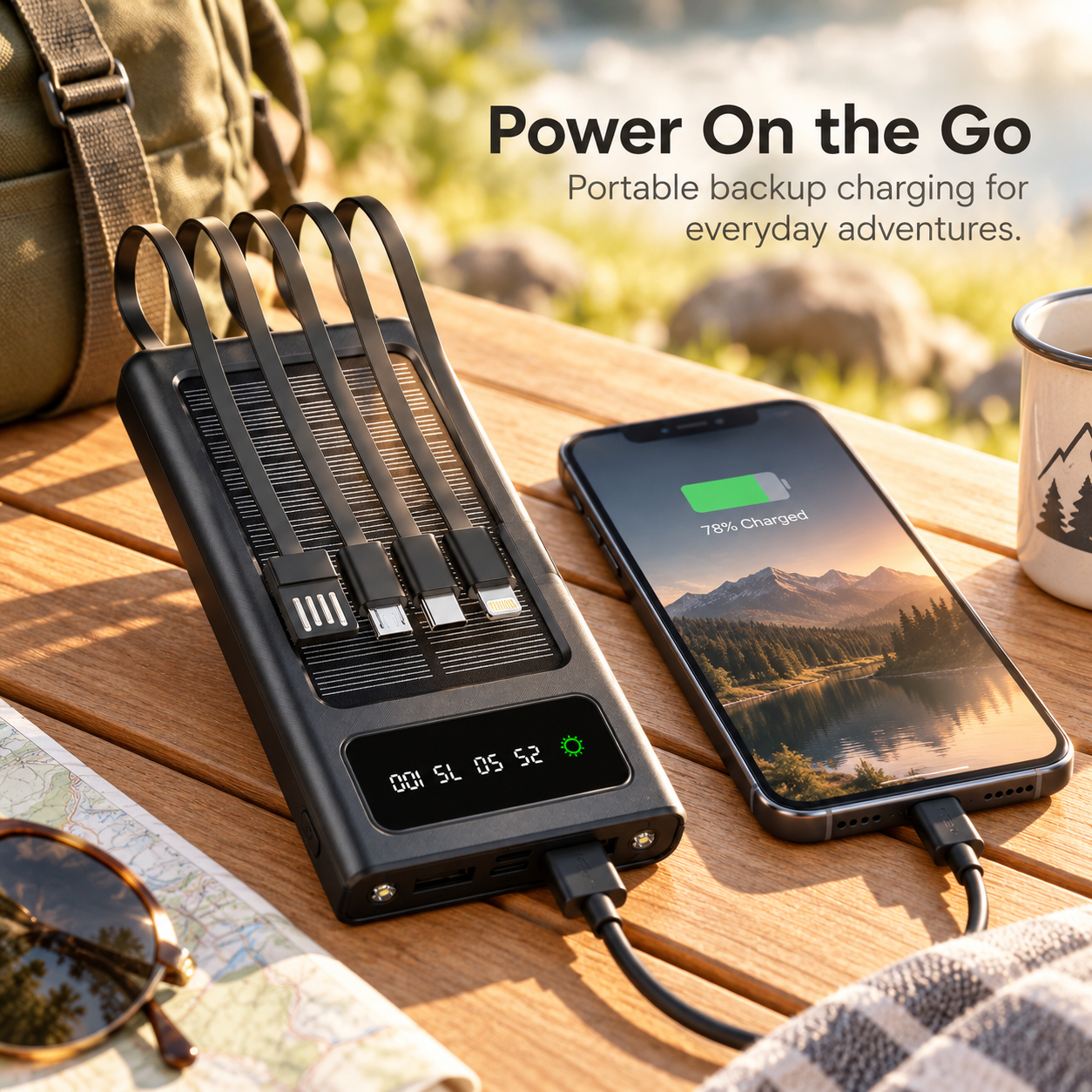 20,000mAh Solar Power Bank with Built-In Cables & LED Flashlight