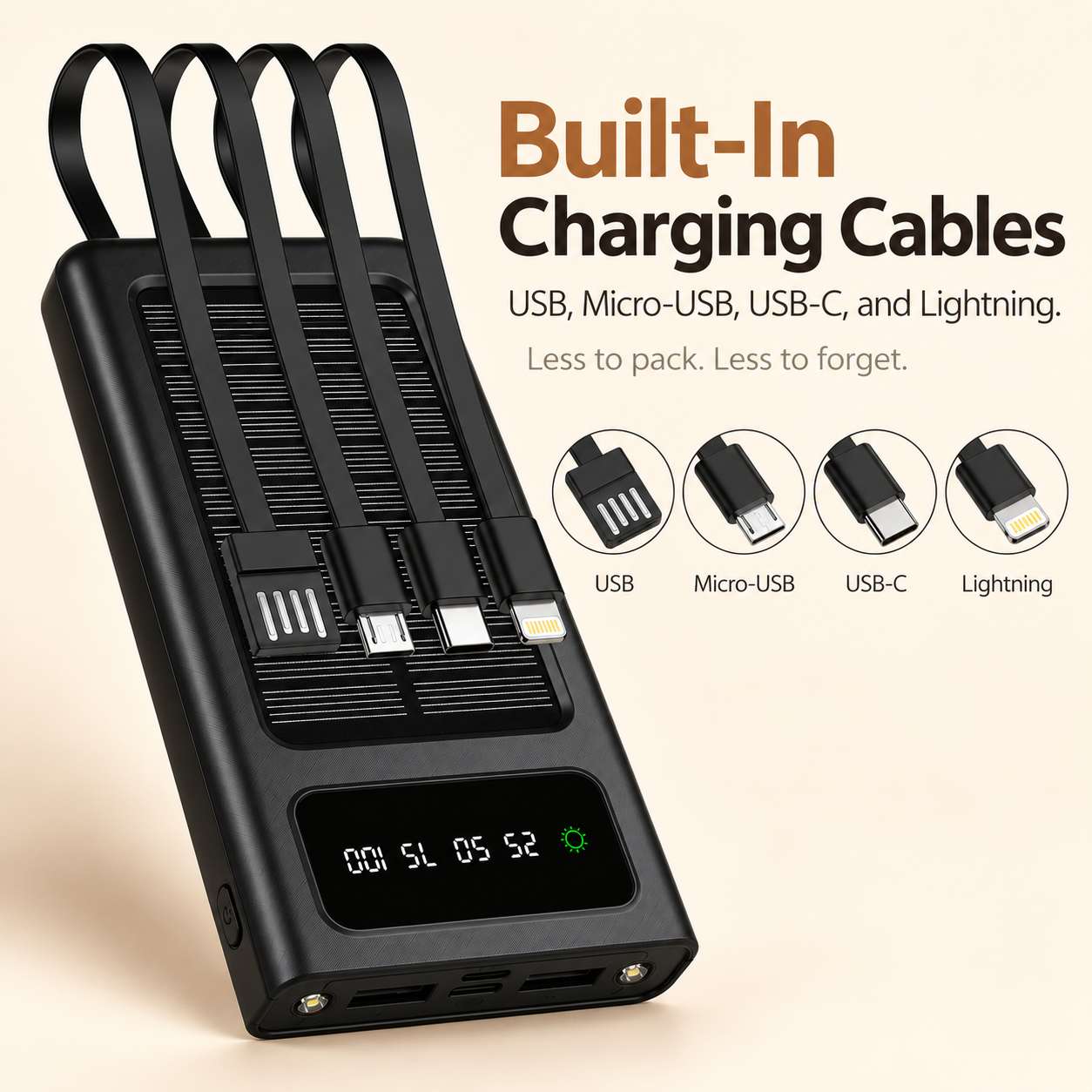 20,000mAh Solar Power Bank with Built-In Cables & LED Flashlight