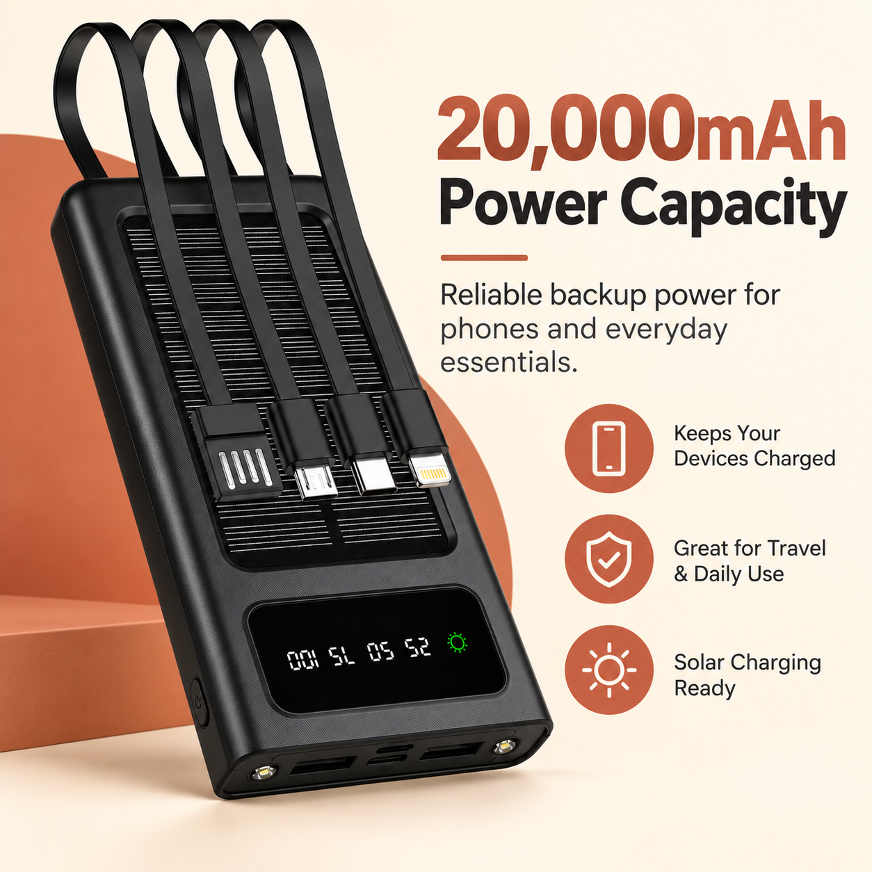 20,000mAh Solar Power Bank with Built-In Cables & LED Flashlight
