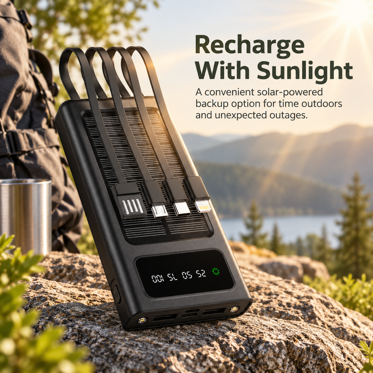 20,000mAh Solar Power Bank with Built-In Cables & LED Flashlight