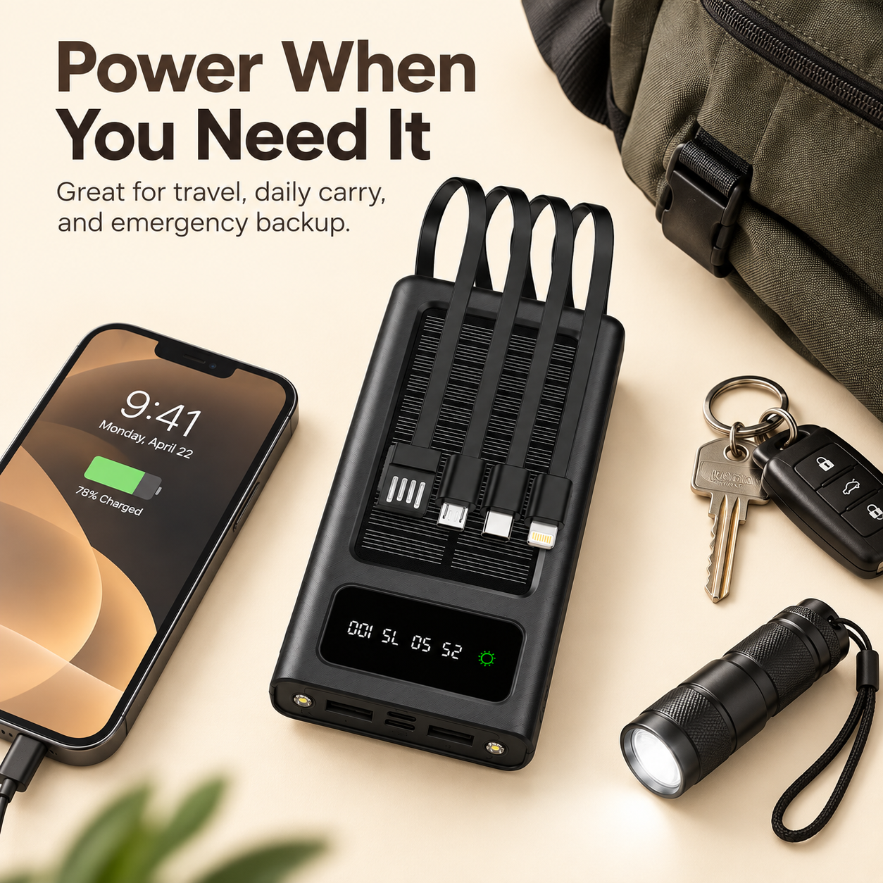 20,000mAh Solar Power Bank with Built-In Cables & LED Flashlight