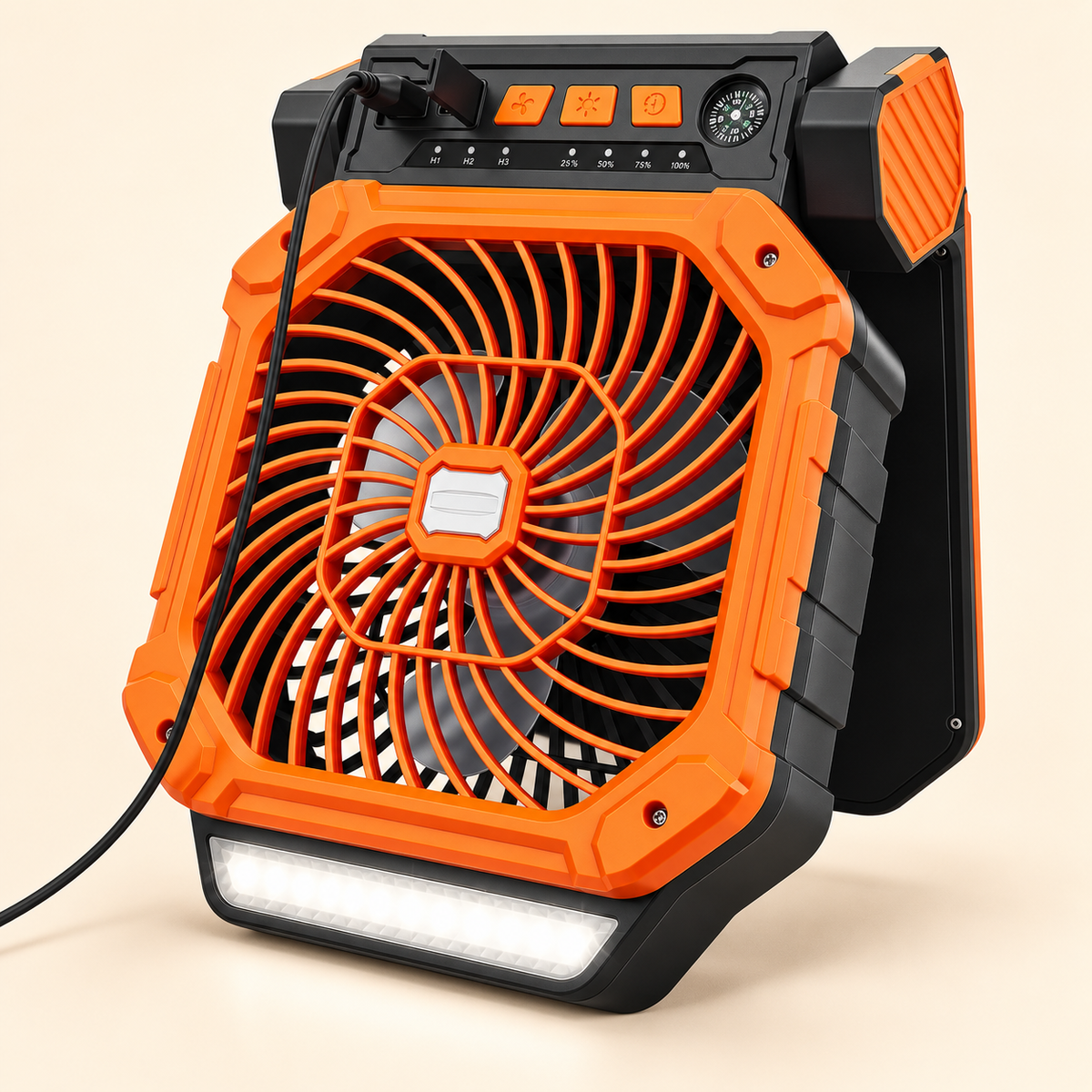 4-in-1 Solar Rechargeable Camping Fan with LED Light, Timer, & Compass