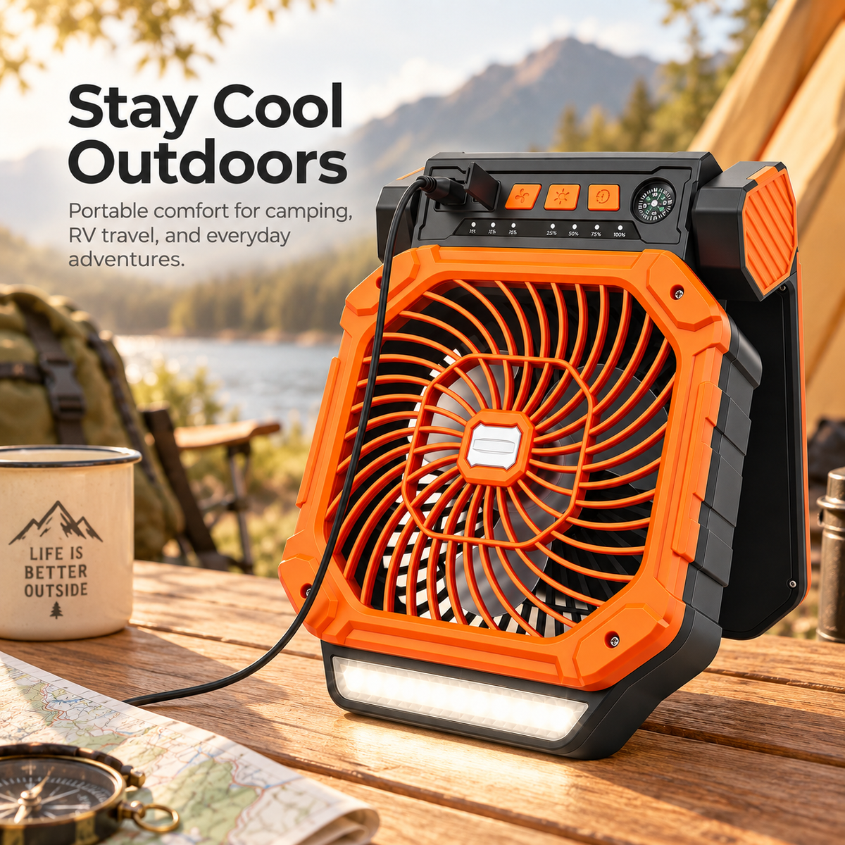 4-in-1 Solar Rechargeable Camping Fan with LED Light, Timer, & Compass