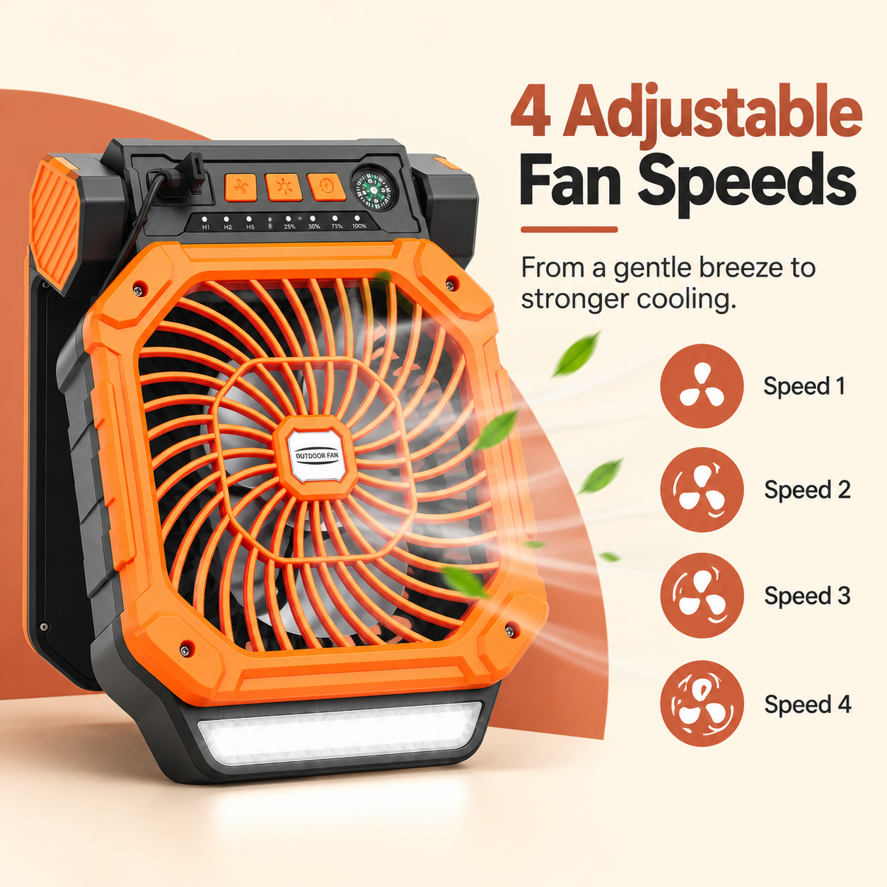 4-in-1 Solar Rechargeable Camping Fan with LED Light, Timer, & Compass