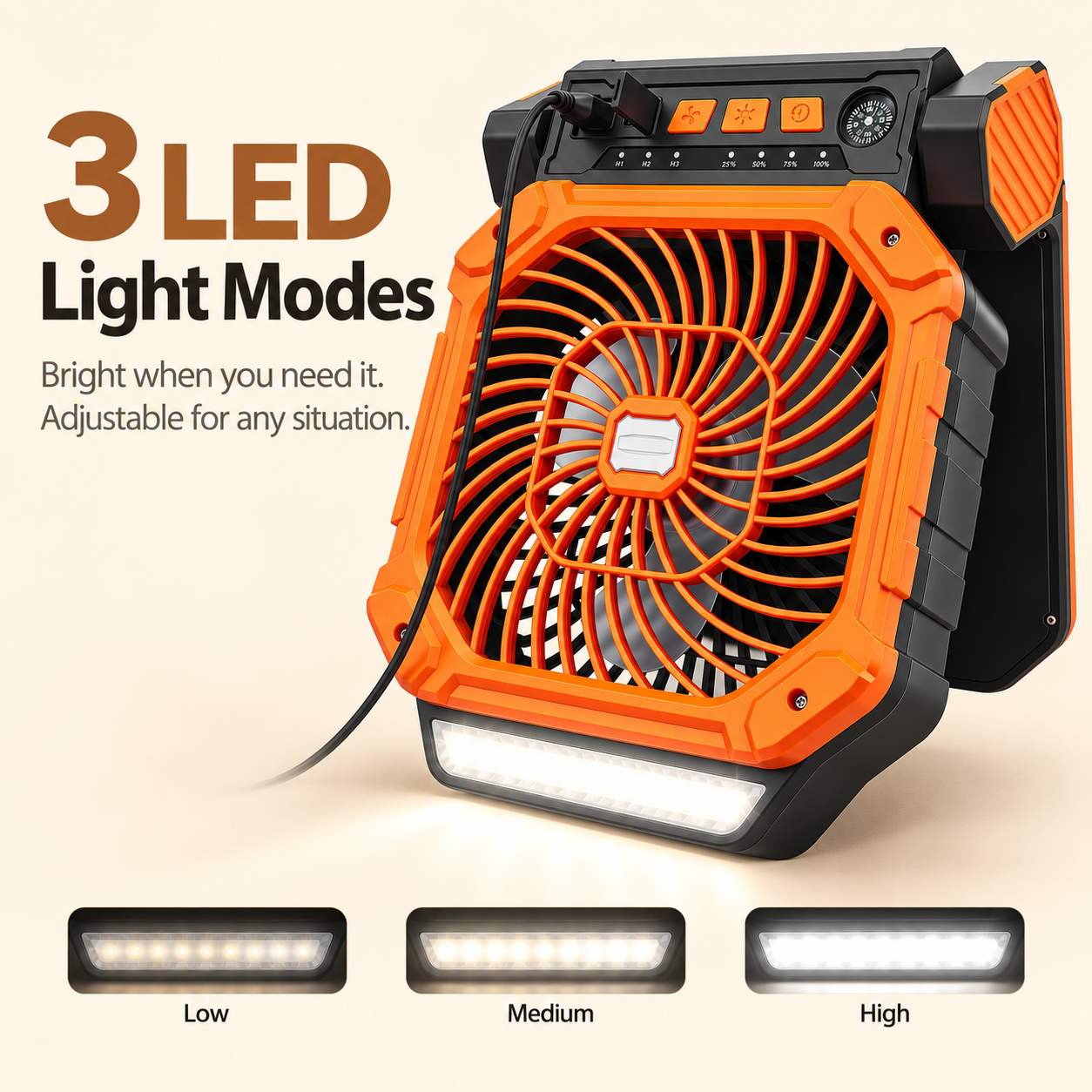 4-in-1 Solar Rechargeable Camping Fan with LED Light, Timer, & Compass