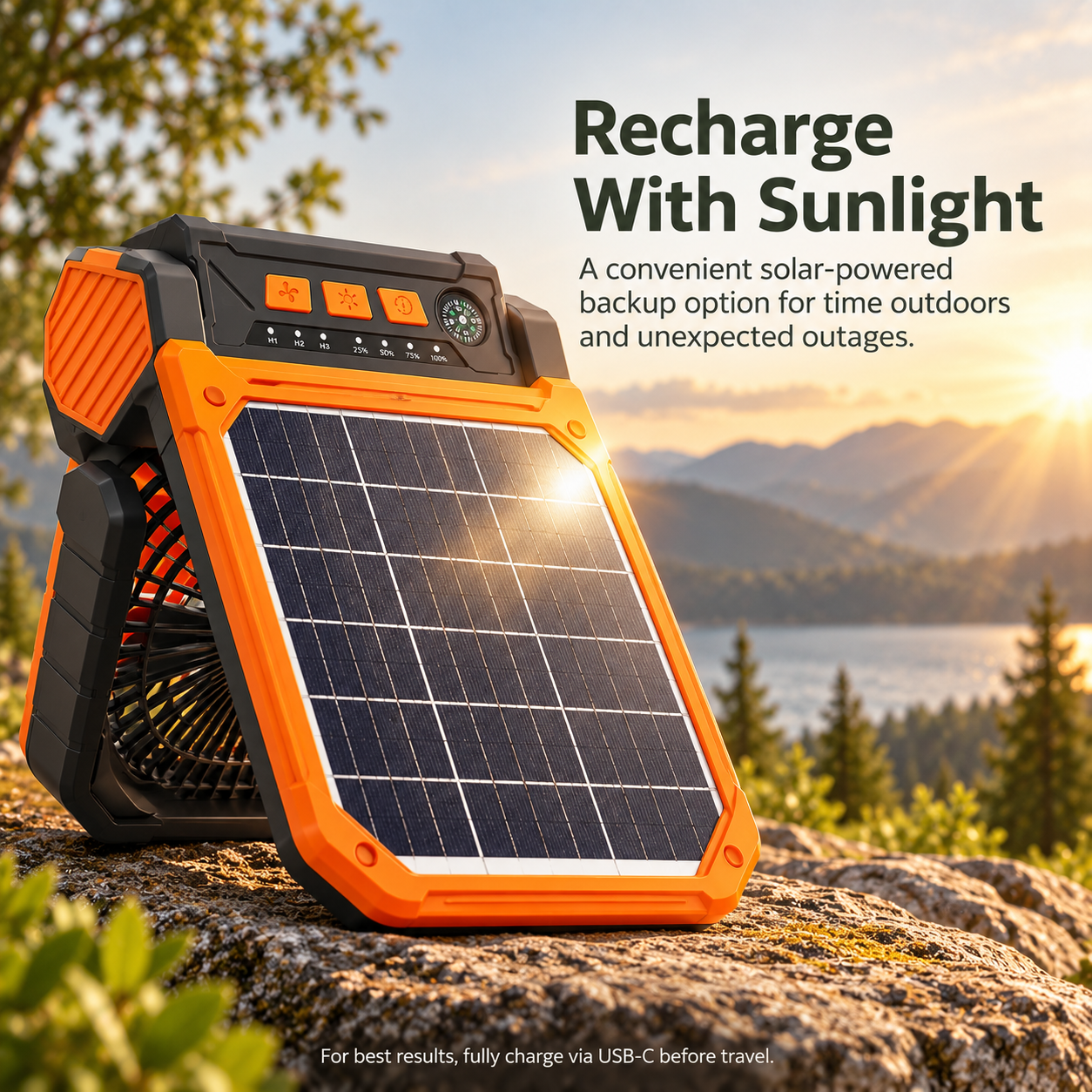 4-in-1 Solar Rechargeable Camping Fan with LED Light, Timer, & Compass