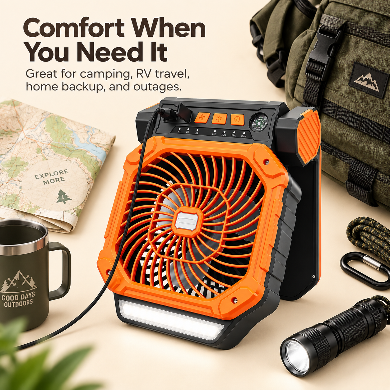 4-in-1 Solar Rechargeable Camping Fan with LED Light, Timer, & Compass