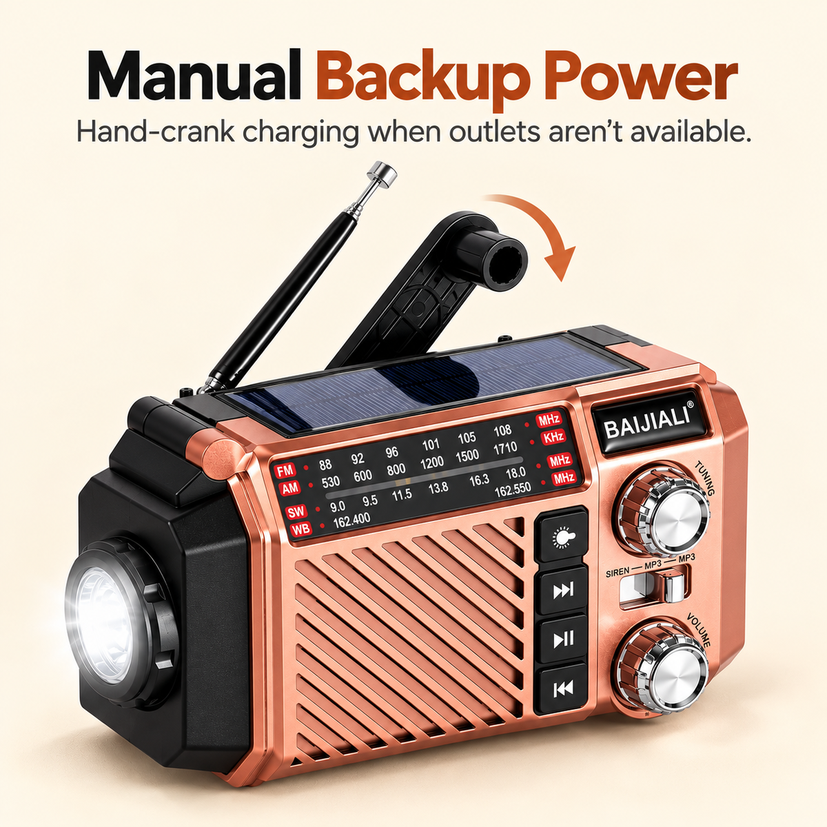 Hand Crank Emergency Weather Radio with NOAA, Solar Charging, 2600mAh Power Bank, & SOS Alarm