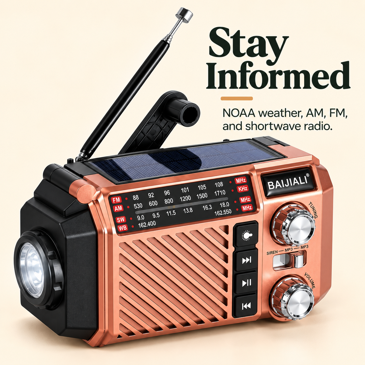 Hand Crank Emergency Weather Radio with NOAA, Solar Charging, 2600mAh Power Bank, & SOS Alarm