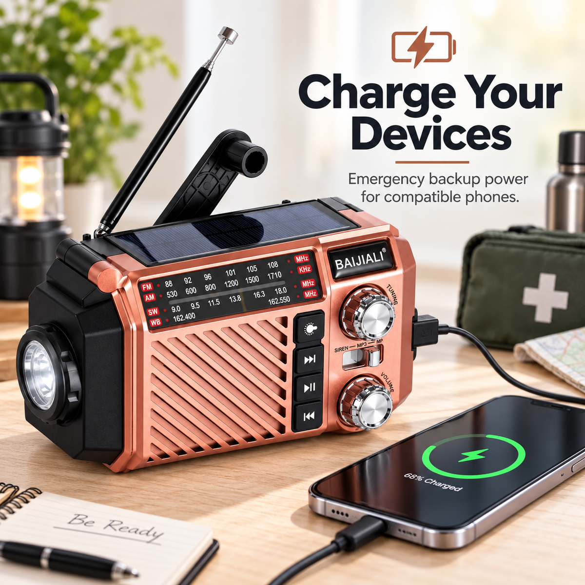 Hand Crank Emergency Weather Radio with NOAA, Solar Charging, 2600mAh Power Bank, & SOS Alarm