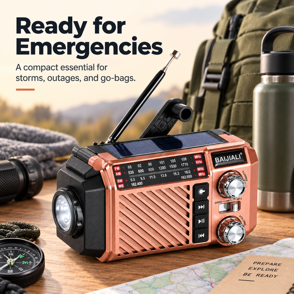 Hand Crank Emergency Weather Radio with NOAA, Solar Charging, 2600mAh Power Bank, & SOS Alarm