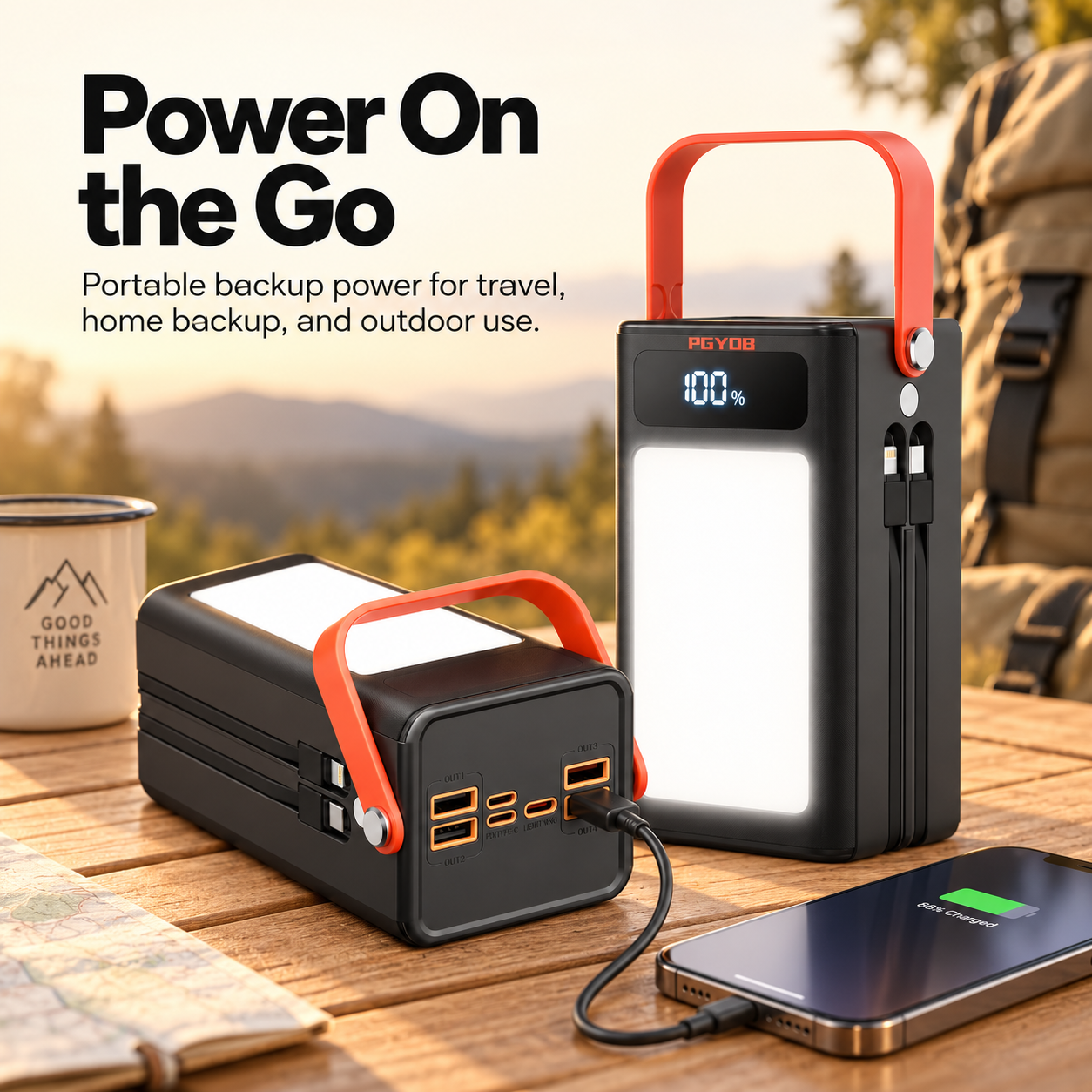 50,000mAh Portable Power Bank with Built-In Cables, 22.5W USB-C Fast Charging, & 4-Mode LED Light