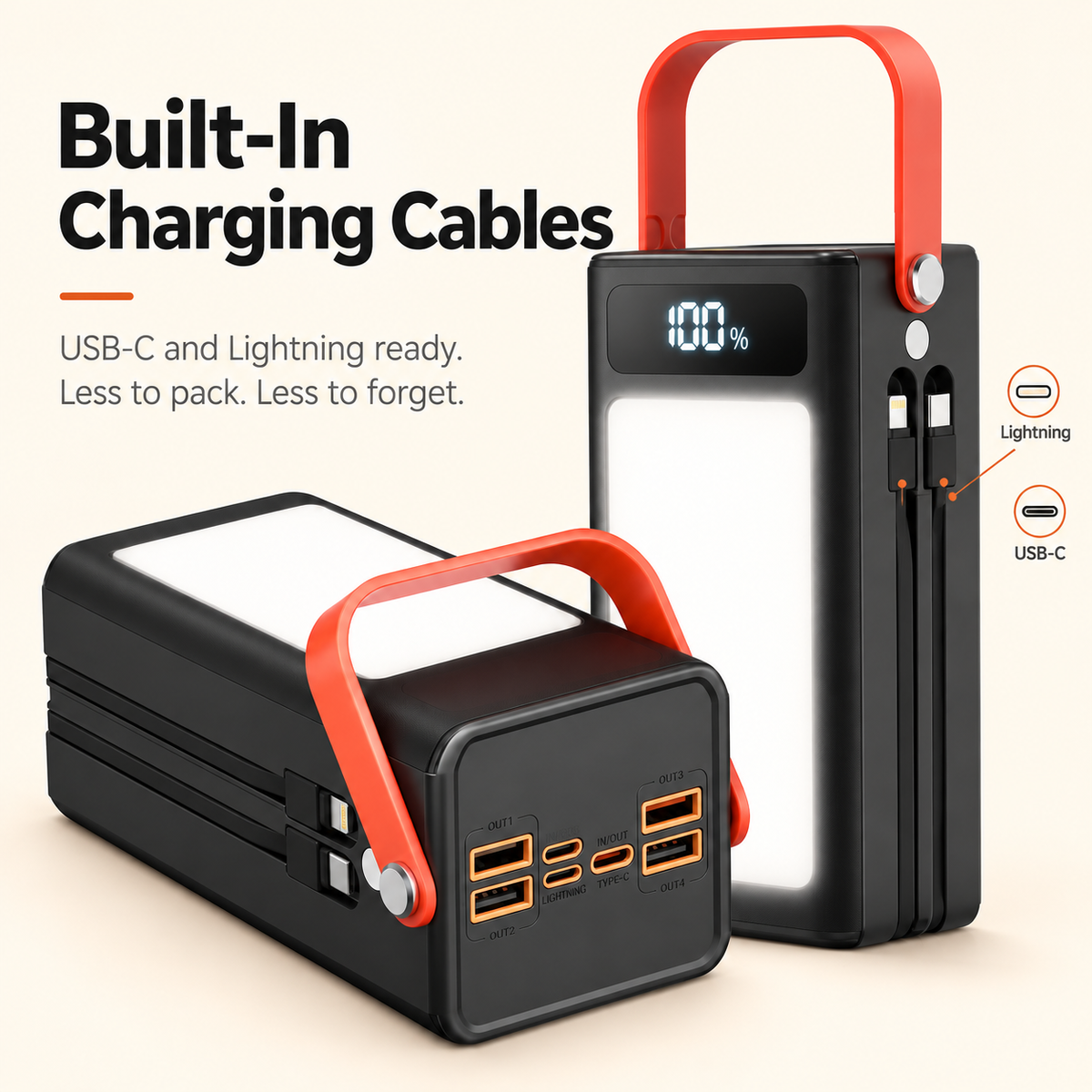 50,000mAh Portable Power Bank with Built-In Cables, 22.5W USB-C Fast Charging, & 4-Mode LED Light