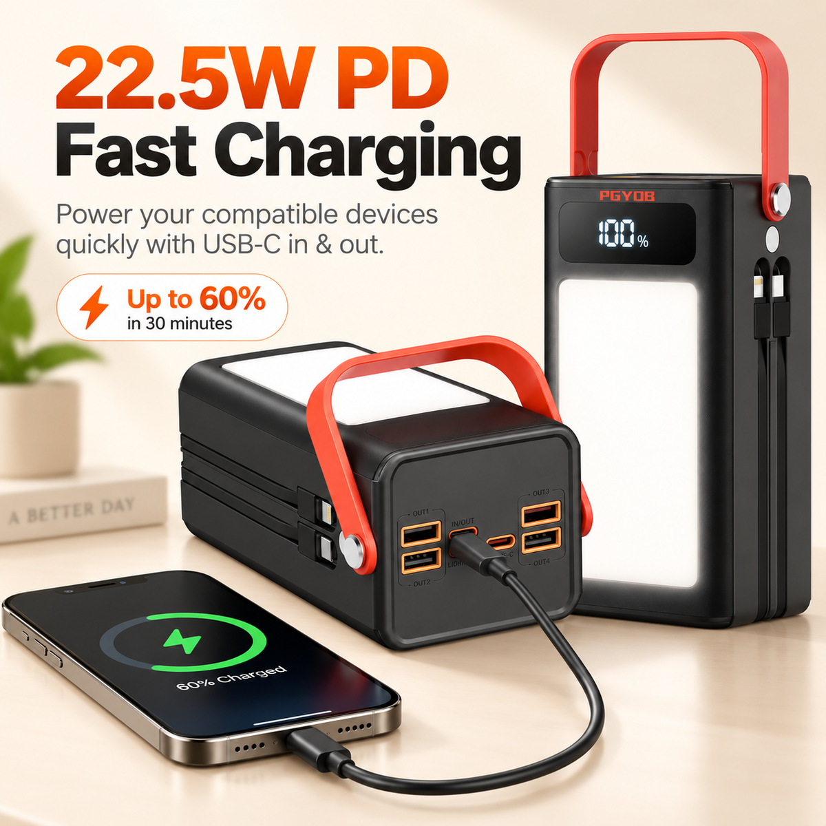 50,000mAh Portable Power Bank with Built-In Cables, 22.5W USB-C Fast Charging, & 4-Mode LED Light