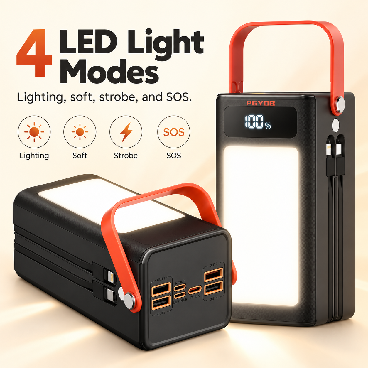 50,000mAh Portable Power Bank with Built-In Cables, 22.5W USB-C Fast Charging, & 4-Mode LED Light