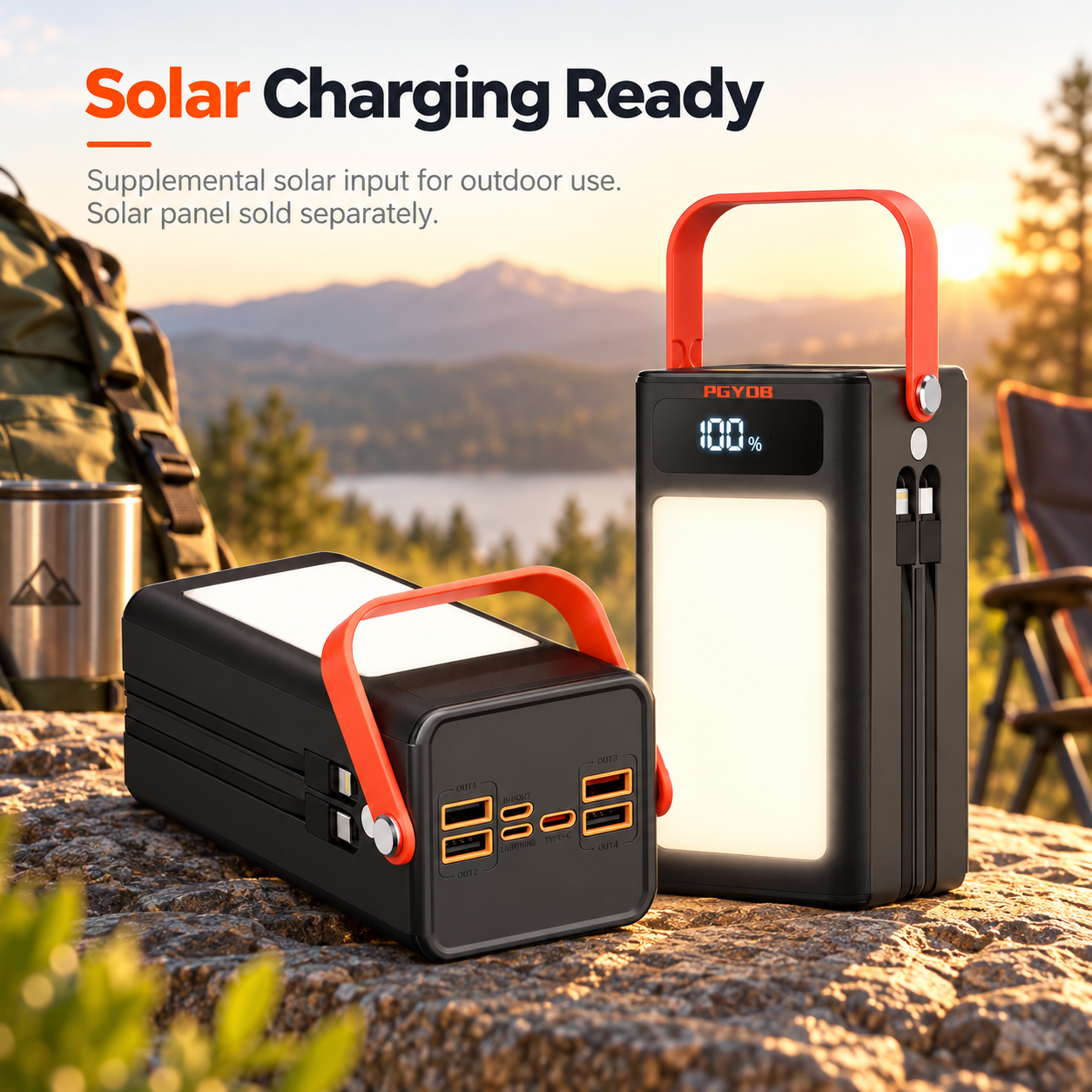 50,000mAh Portable Power Bank with Built-In Cables, 22.5W USB-C Fast Charging, & 4-Mode LED Light