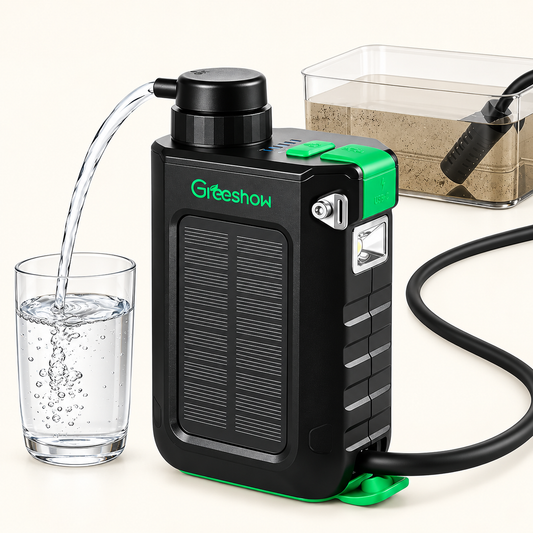 Electric Camping Water Filter with 0.01 Micron 5-Stage Filtration, Solar Charging, Power Bank, & SOS Light