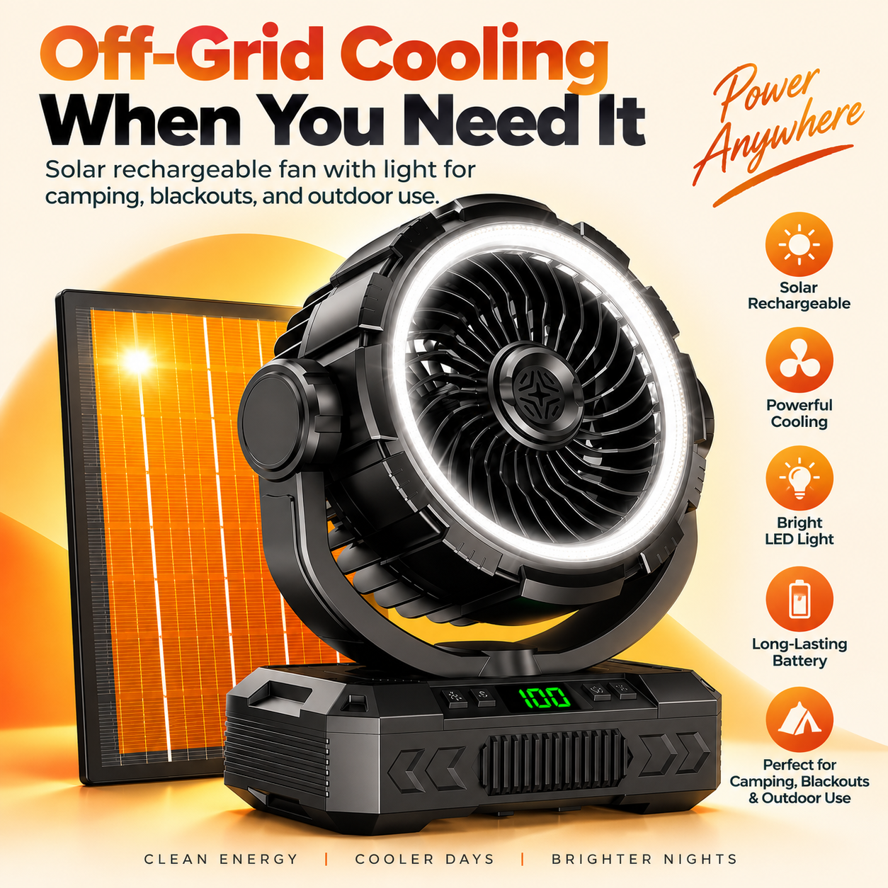 20,000mAh Solar Fan with LED Light, Oscillation, & Power Bank