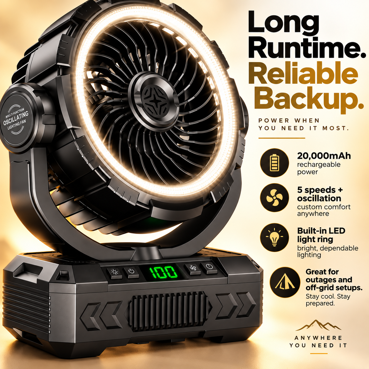 20,000mAh Solar Fan with LED Light, Oscillation, & Power Bank