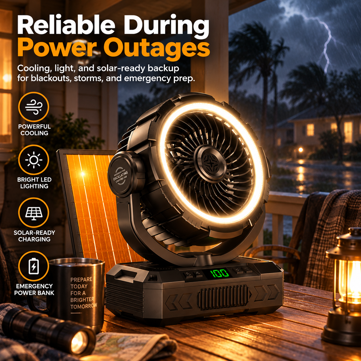 20,000mAh Solar Fan with LED Light, Oscillation, & Power Bank