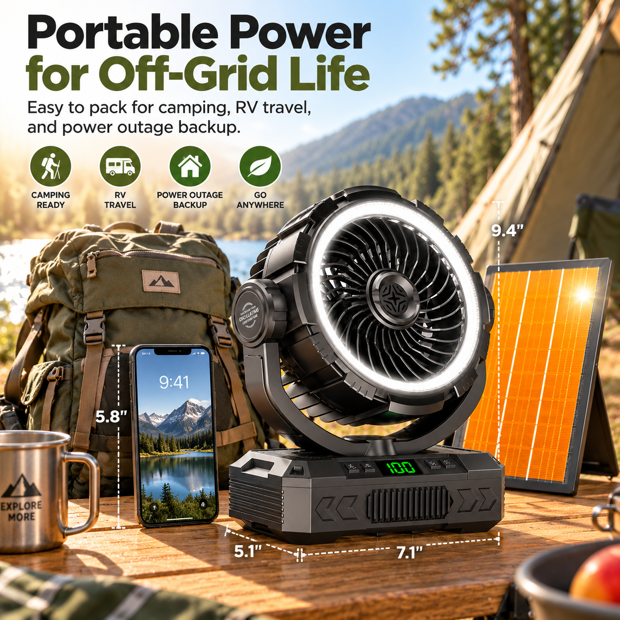 20,000mAh Solar Fan with LED Light, Oscillation, & Power Bank