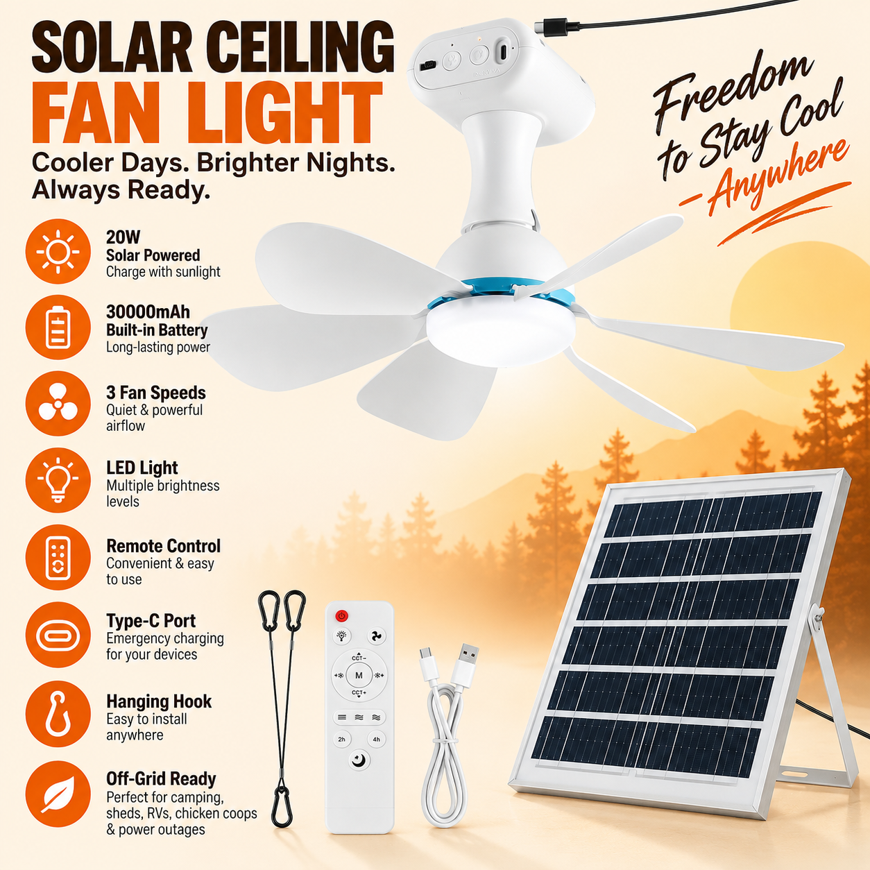30,000mAh Solar Ceiling Fan Light with 20W Panel & Remote