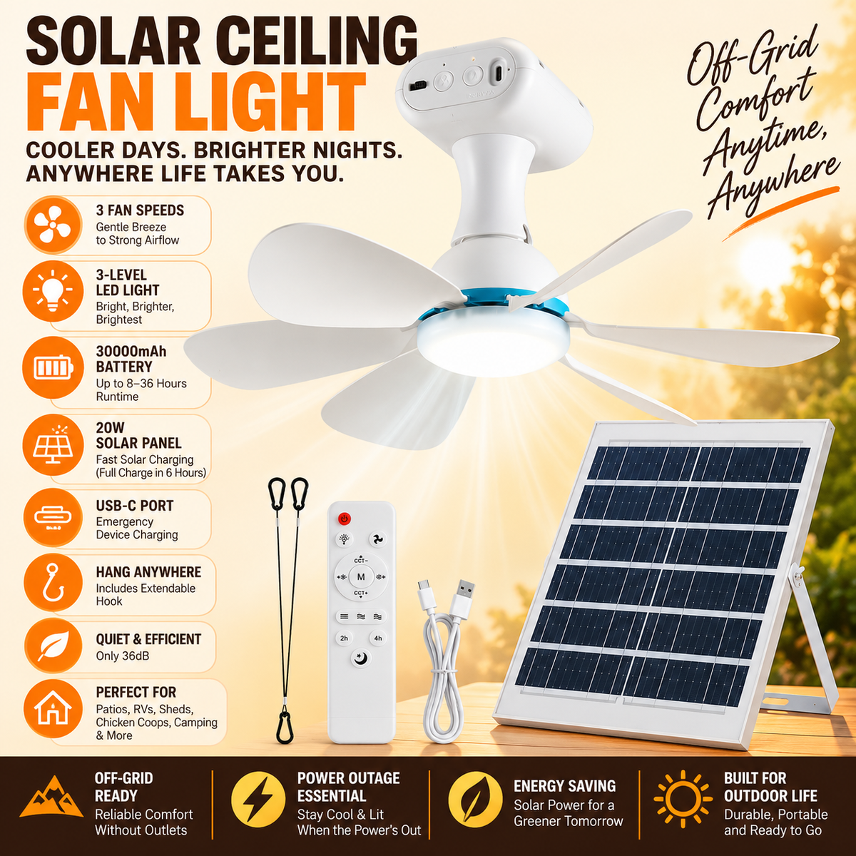 30,000mAh Solar Ceiling Fan Light with 20W Panel & Remote