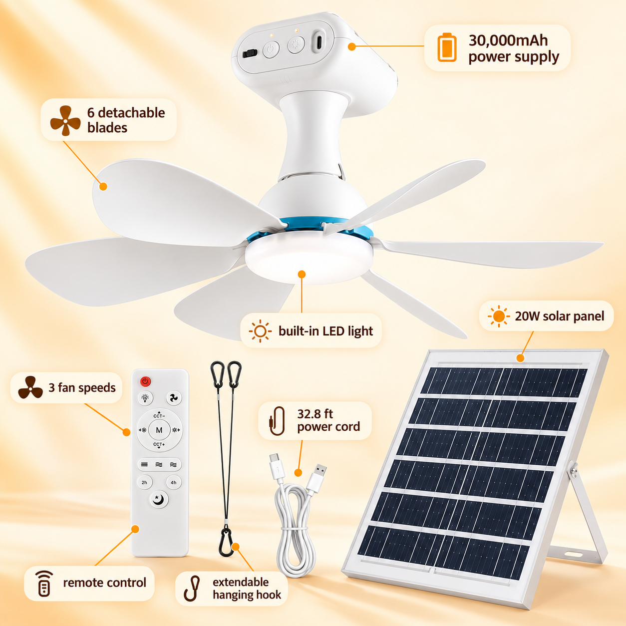 30,000mAh Solar Ceiling Fan Light with 20W Panel & Remote