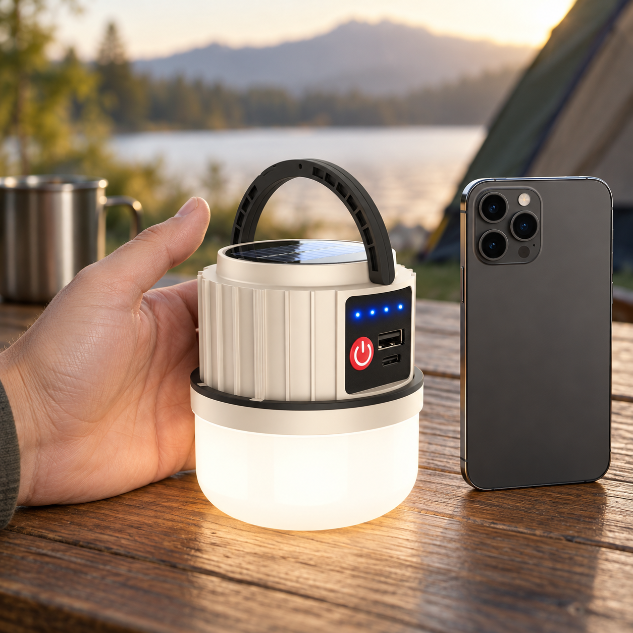 Solar LED Camping Lantern with 7 Light Modes & Power Bank