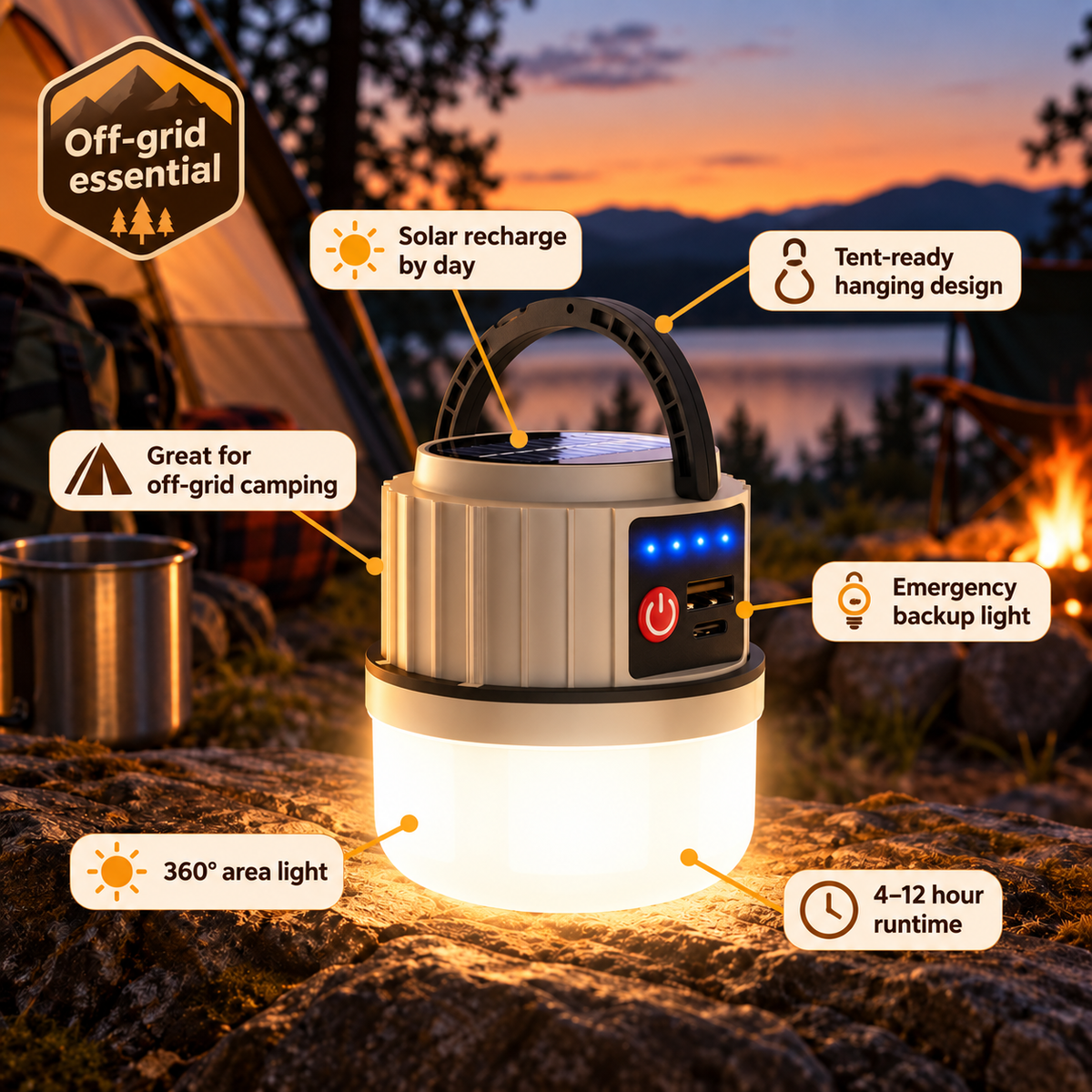 Solar LED Camping Lantern with 7 Light Modes & Power Bank