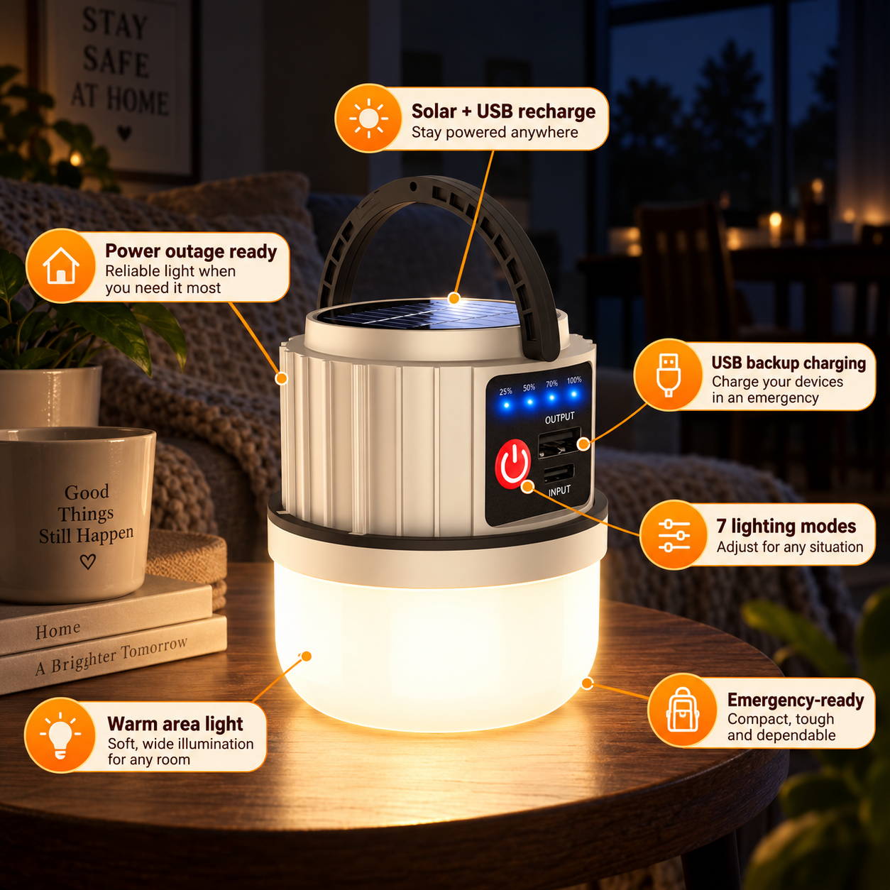Solar LED Camping Lantern with 7 Light Modes & Power Bank