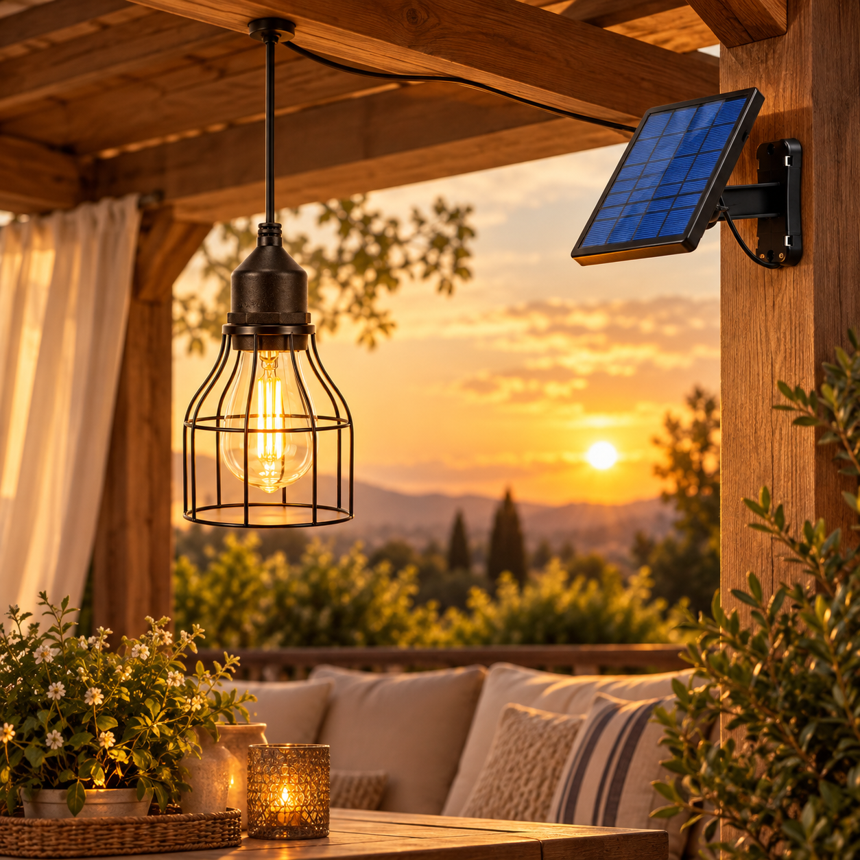 Solar Pendant Light with 3000K Edison Bulb & Adjustable Panel