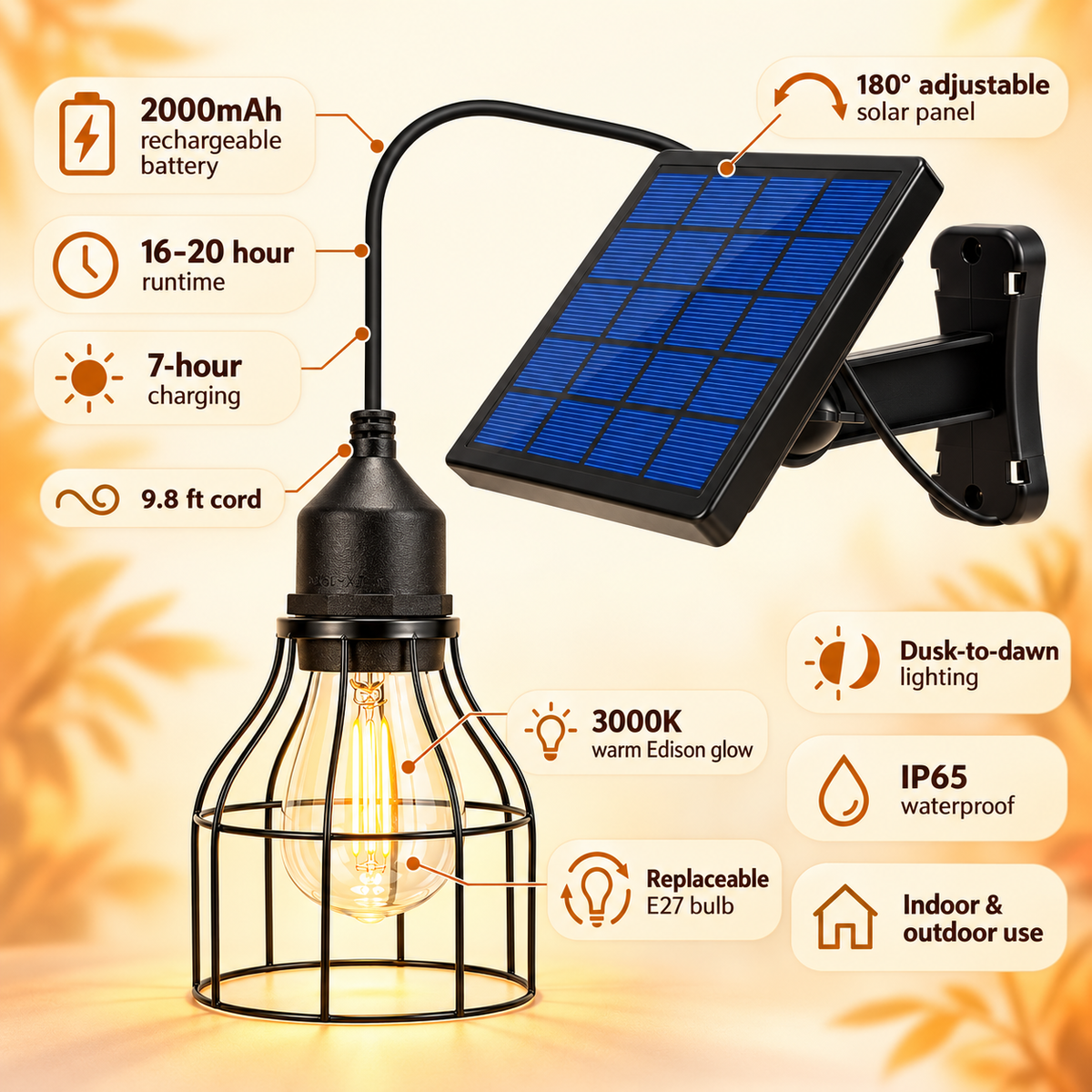 Solar Pendant Light with 3000K Edison Bulb & Adjustable Panel