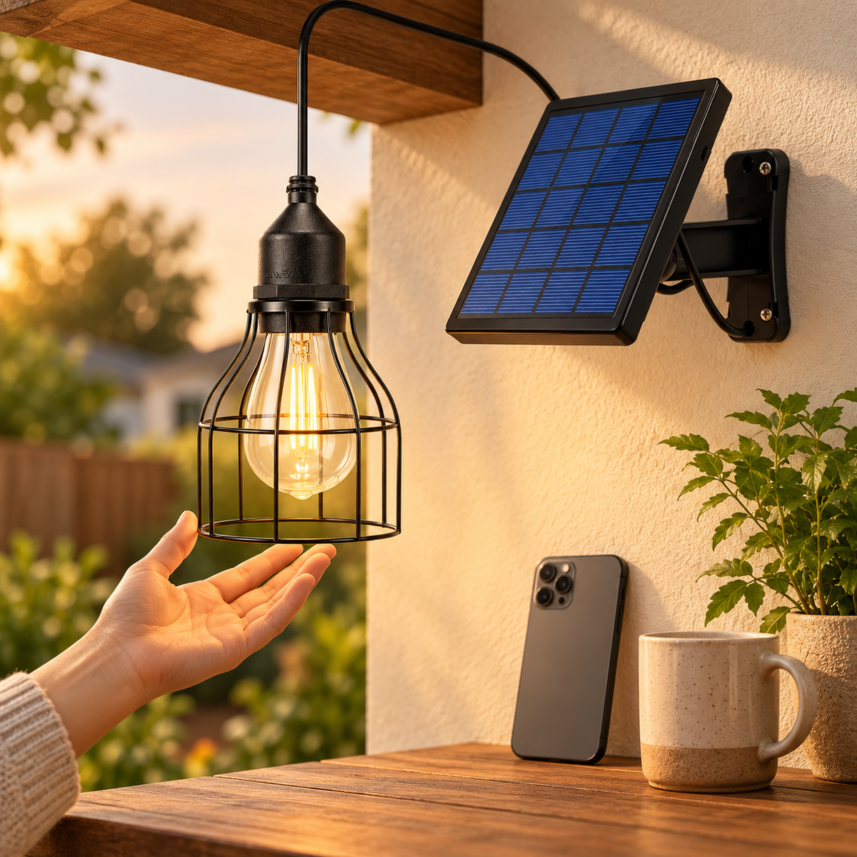 Solar Pendant Light with 3000K Edison Bulb & Adjustable Panel