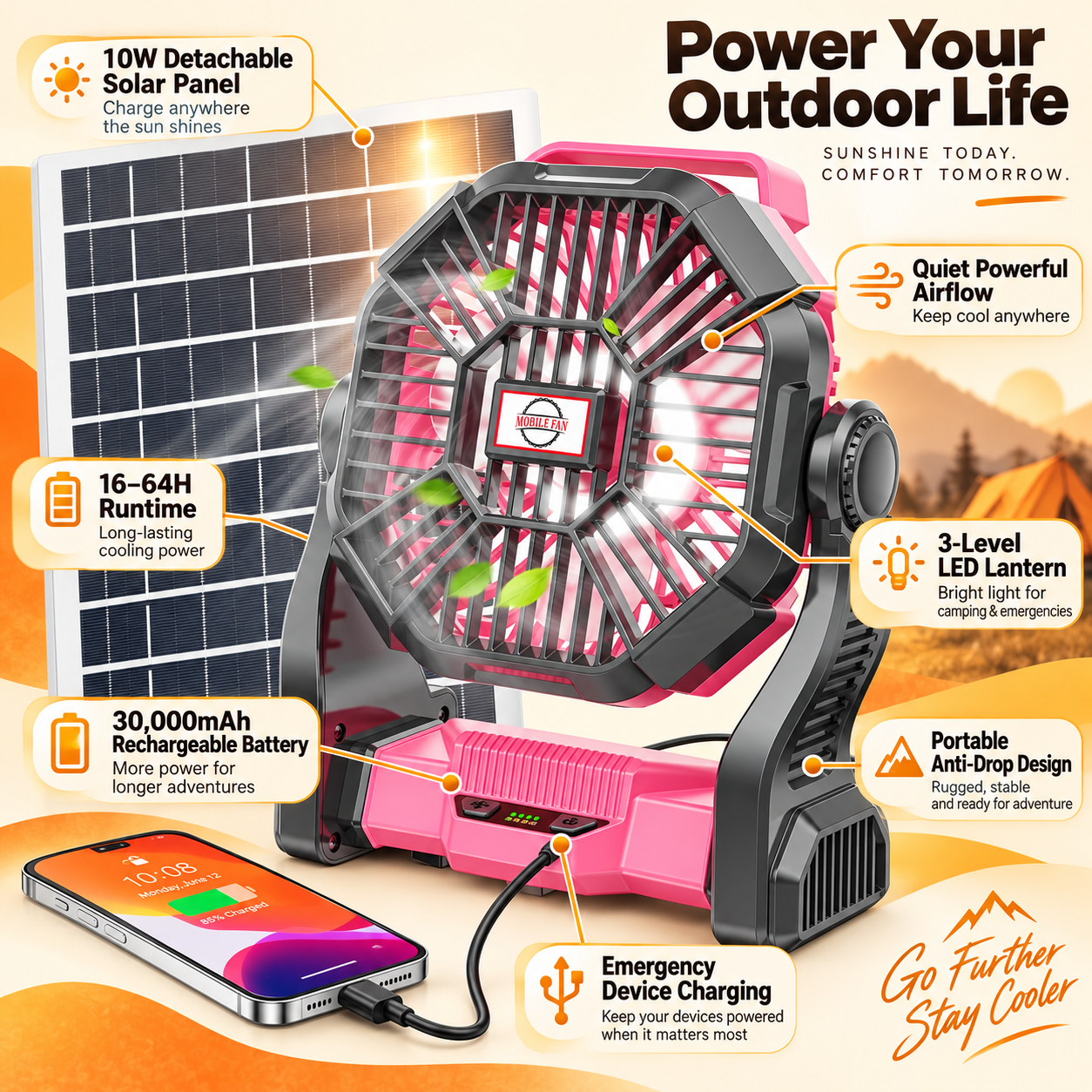 30,000mAh Solar Camping Fan with LED Light & 10W Solar Panel