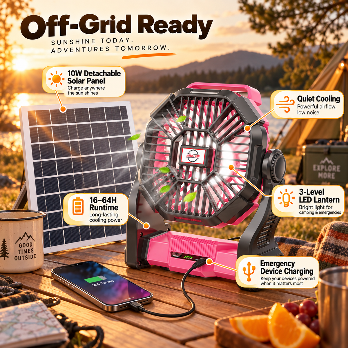 30,000mAh Solar Camping Fan with LED Light & 10W Solar Panel