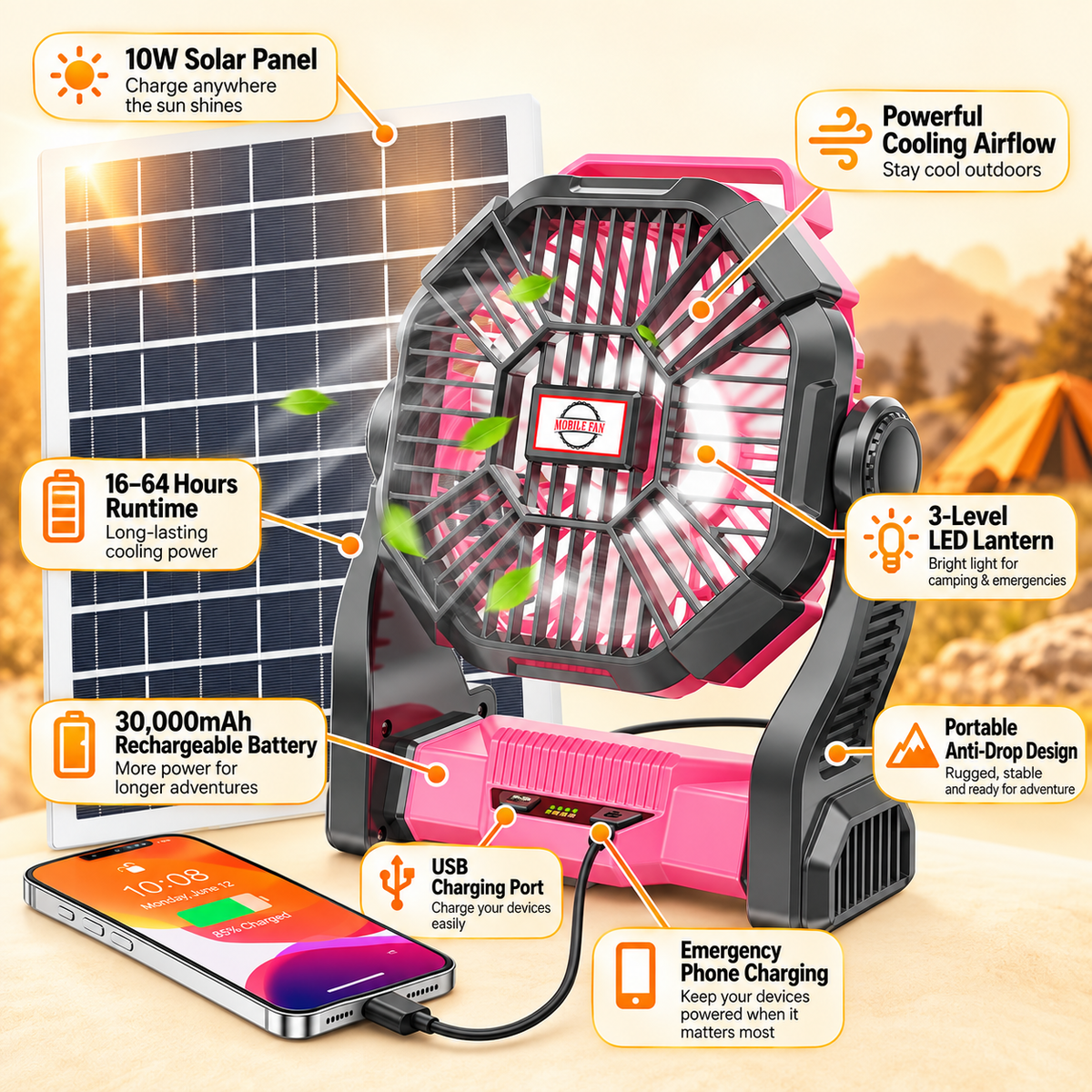 30,000mAh Solar Camping Fan with LED Light & 10W Solar Panel