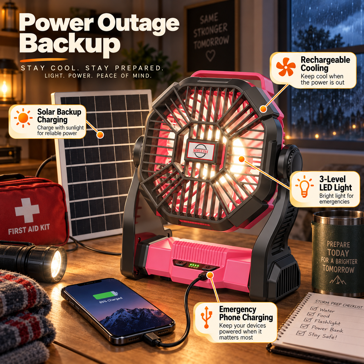 30,000mAh Solar Camping Fan with LED Light & 10W Solar Panel